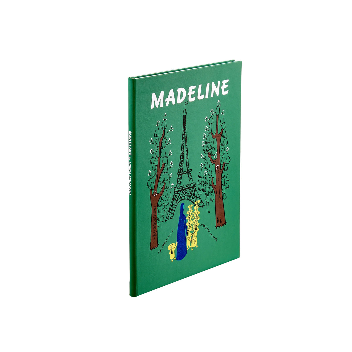 Green book titled 'Madeline' with illustrations of the Eiffel Tower and trees on a white background