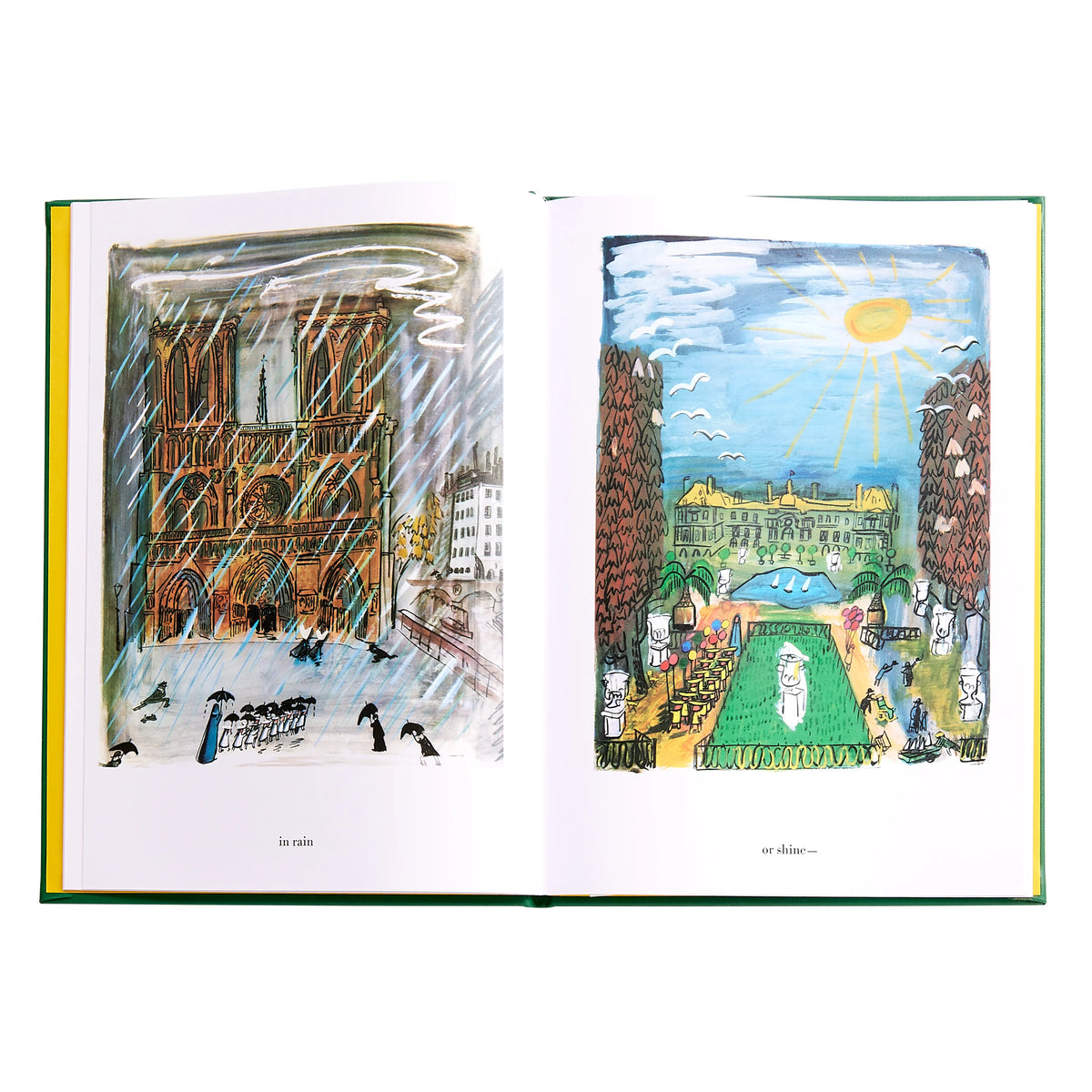 Open book with two illustrated pages, one showing a cityscape and the other a park scene.