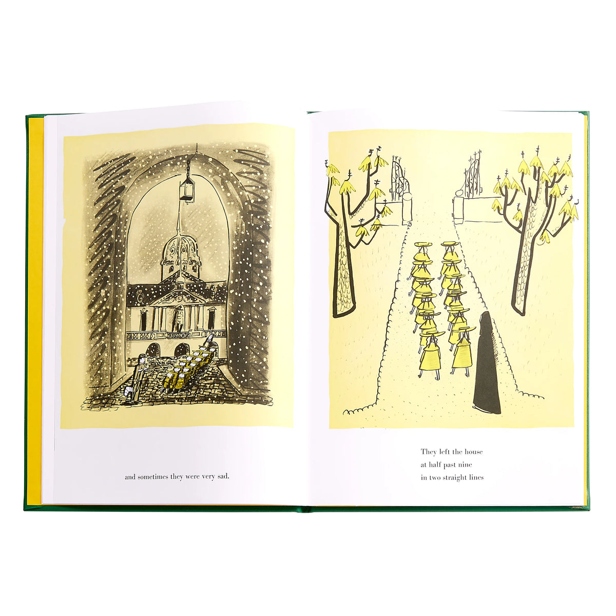 Illustrated book open to two pages with black and white drawings on a yellow background