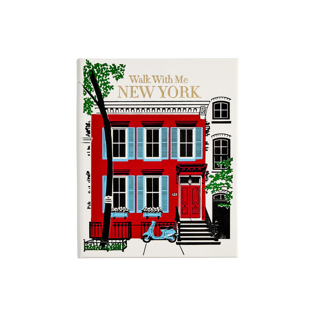 Book cover of 'Walk With Me New York' with a red building and scooter illustration on a white background.