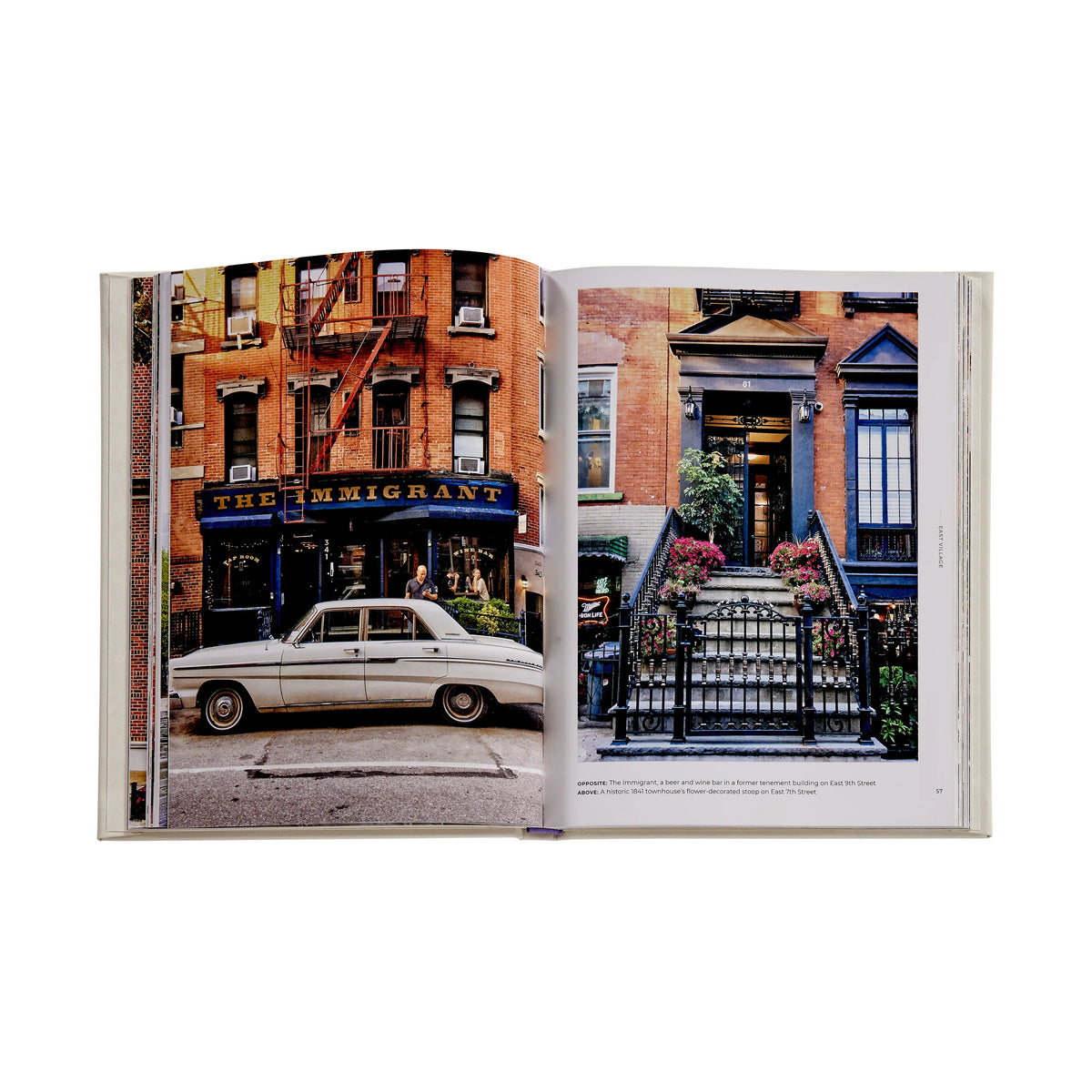 Open book showing images of a street scene with a car and a building entrance.