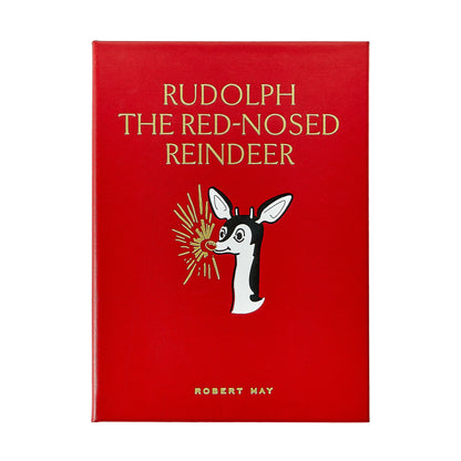 The red hardcover book of 'Rudolph the Red-Nosed Reindeer' by Robert May, featuring gold foil lettering and a gold-and-black illustration of Rudolph on a white background.