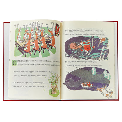 Open book with Christmas-themed illustrations and text on a white background