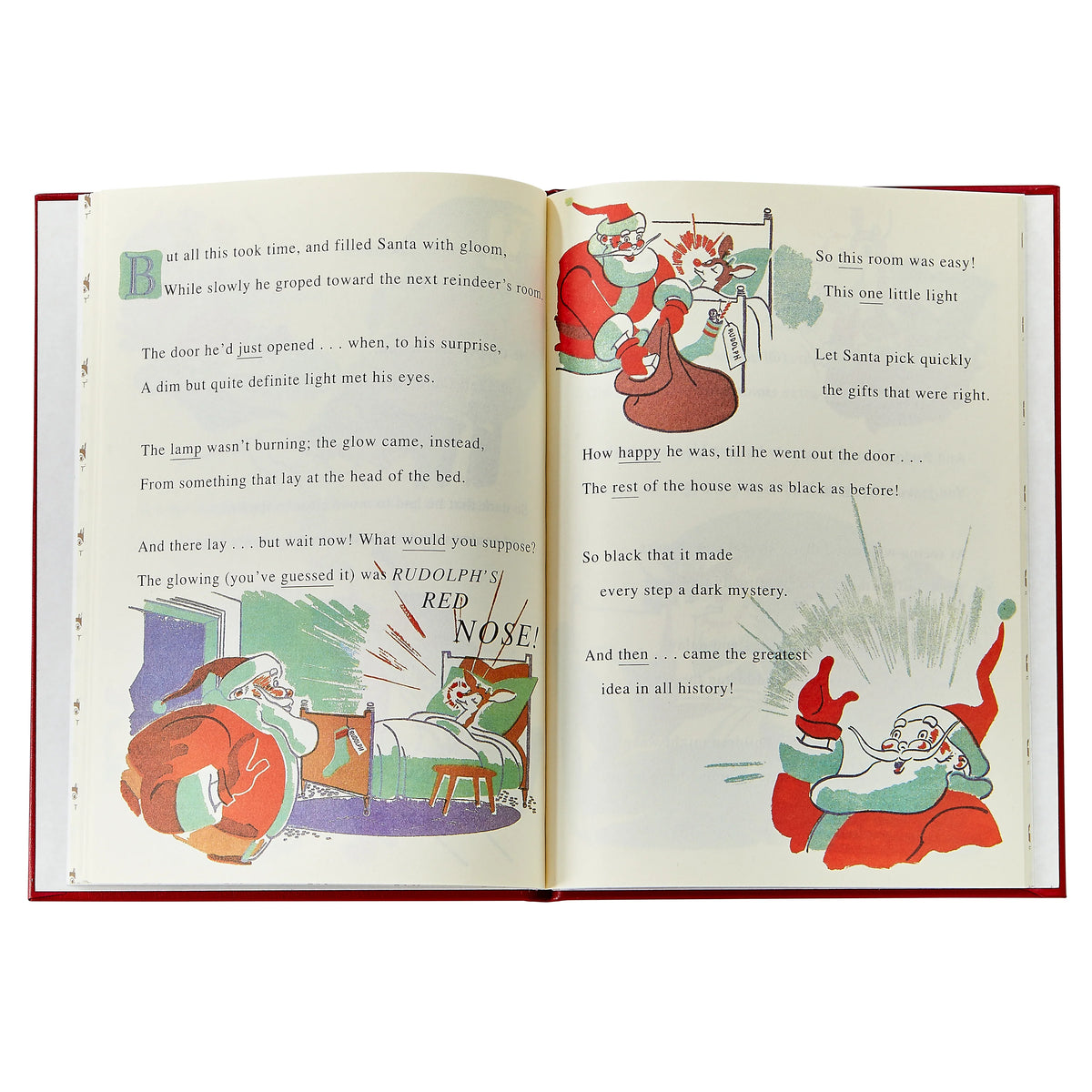 Open book with Christmas-themed illustrations and text on a white background