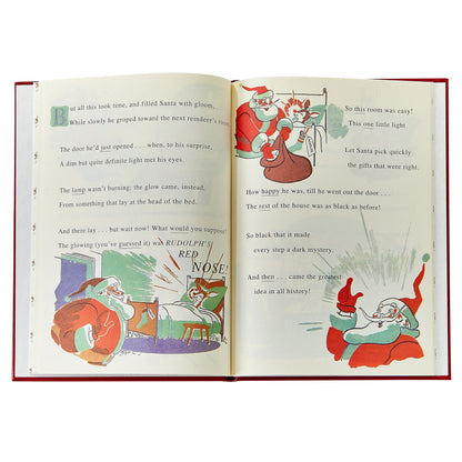 Open book with Christmas-themed illustrations and text on a white background
