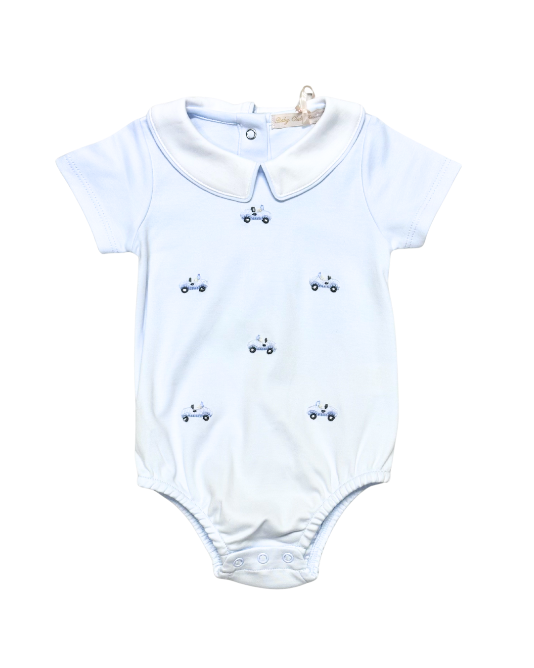 Light blue baby onesie with blue car patterns on a white background