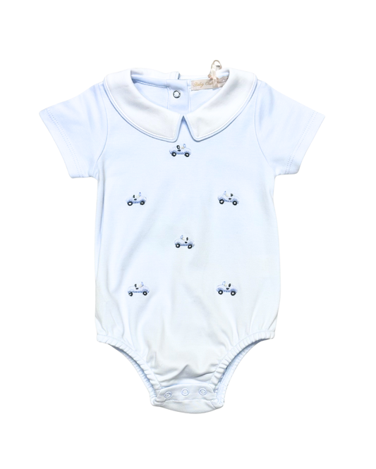 Light blue baby onesie with blue car patterns on a white background