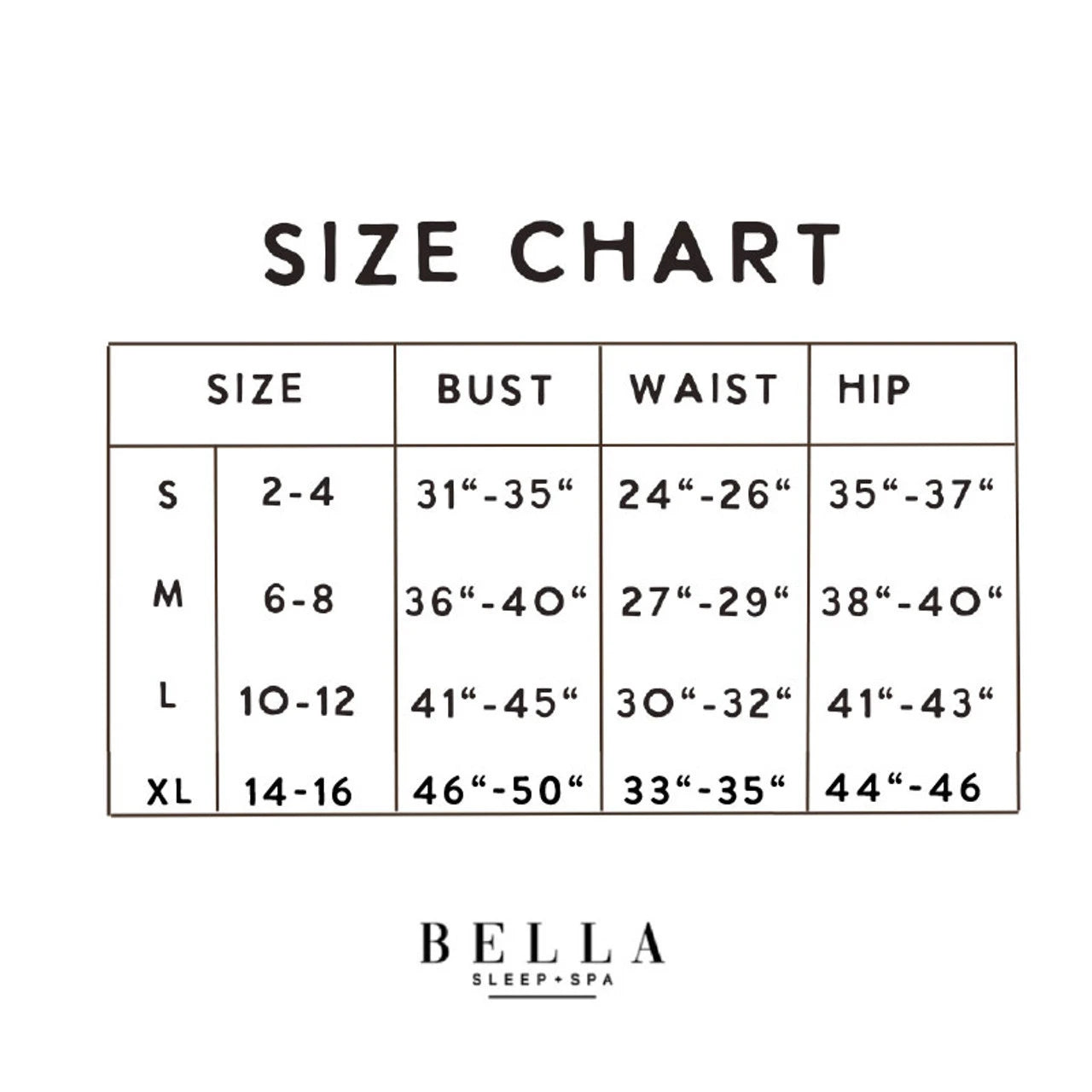 Size chart for Bella Sleep Spa with measurements in inches