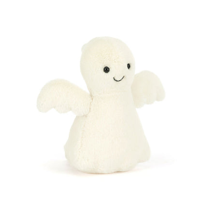 White plush ghost toy with a smiling face on a white background