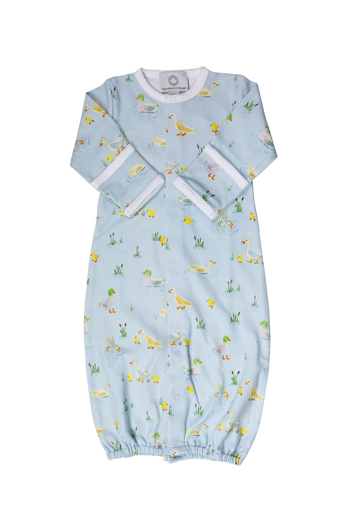 Light blue baby gown with bird pattern on a white background