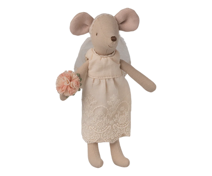 A plush mouse doll wearing a cream-colored dress with lace detailing and holding a small pink flower bouquet, isolated on a white background.