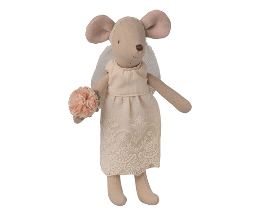 A plush mouse doll wearing a cream-colored dress with lace detailing and holding a small pink flower bouquet, isolated on a white background.