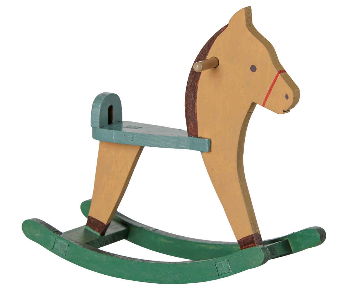 A classic wooden rocking horse toy with a natural wood body, painted green rocking base, and a teal seat and backrest.