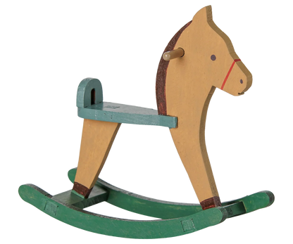 A classic wooden rocking horse toy with a natural wood body, painted green rocking base, and a teal seat and backrest.