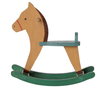 A traditional wooden rocking horse toy with a natural wood body, a teal painted seat, and green rocking base, isolated on a white background.