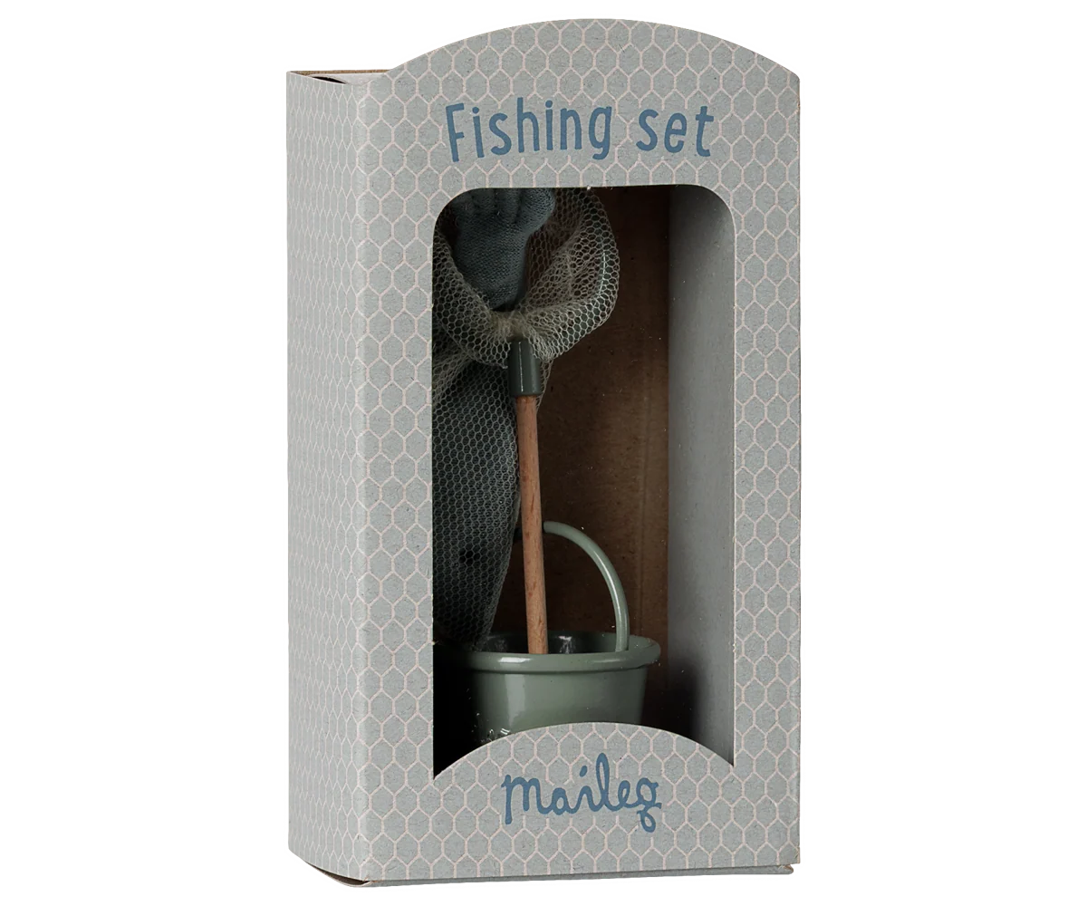 A boxed fishing set displayed in a tall gray patterned package with a clear front window. Inside, a small mint-green bucket with a wooden handle and a gray mesh net are visible.