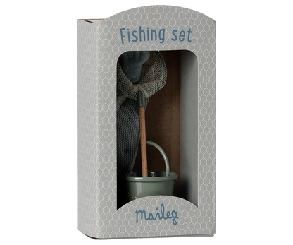 A boxed fishing set displayed in a tall gray patterned package with a clear front window. Inside, a small mint-green bucket with a wooden handle and a gray mesh net are visible.