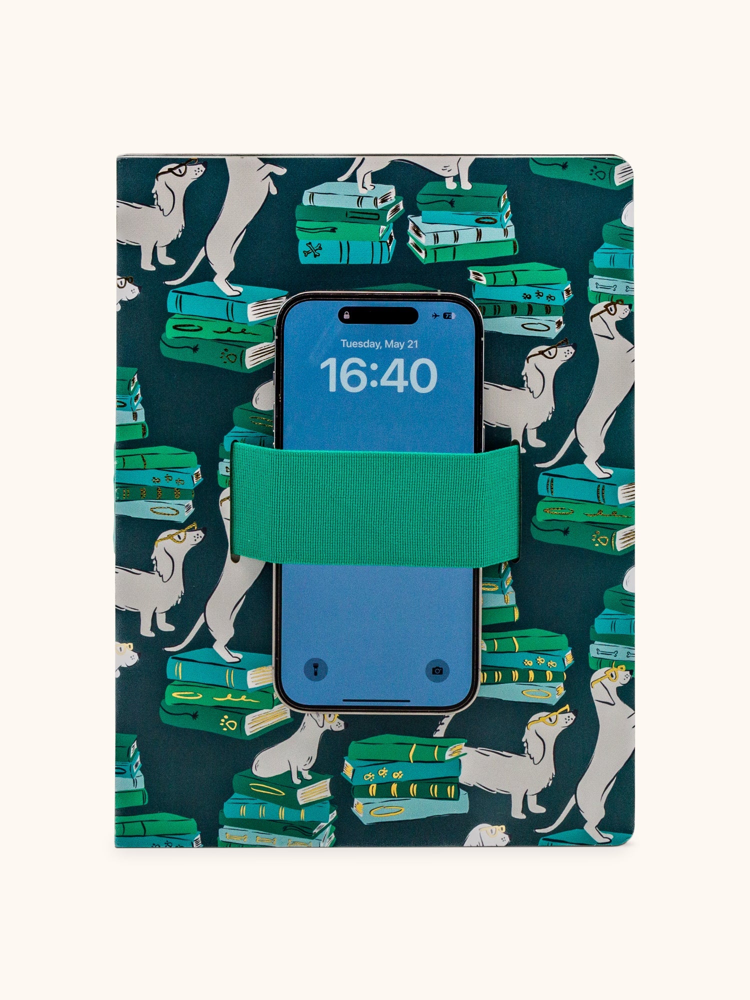 Phone case with a blue phone inside, featuring a design of books and dogs on a dark blue background.