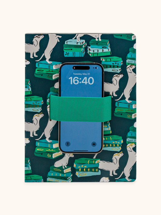 Phone case with a blue phone inside, featuring a design of books and dogs on a dark blue background.