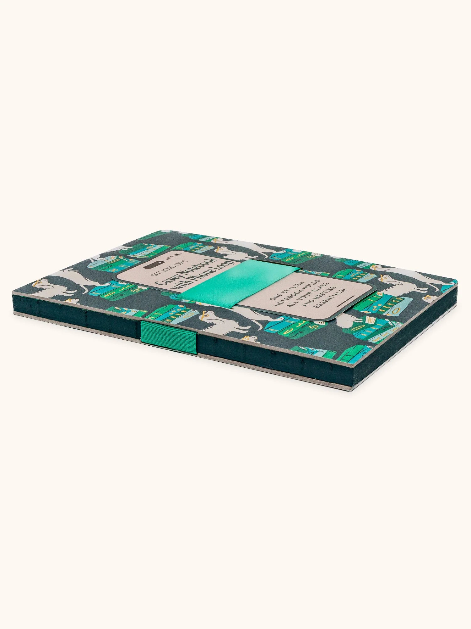 Notebook with a green and blue design on a white background