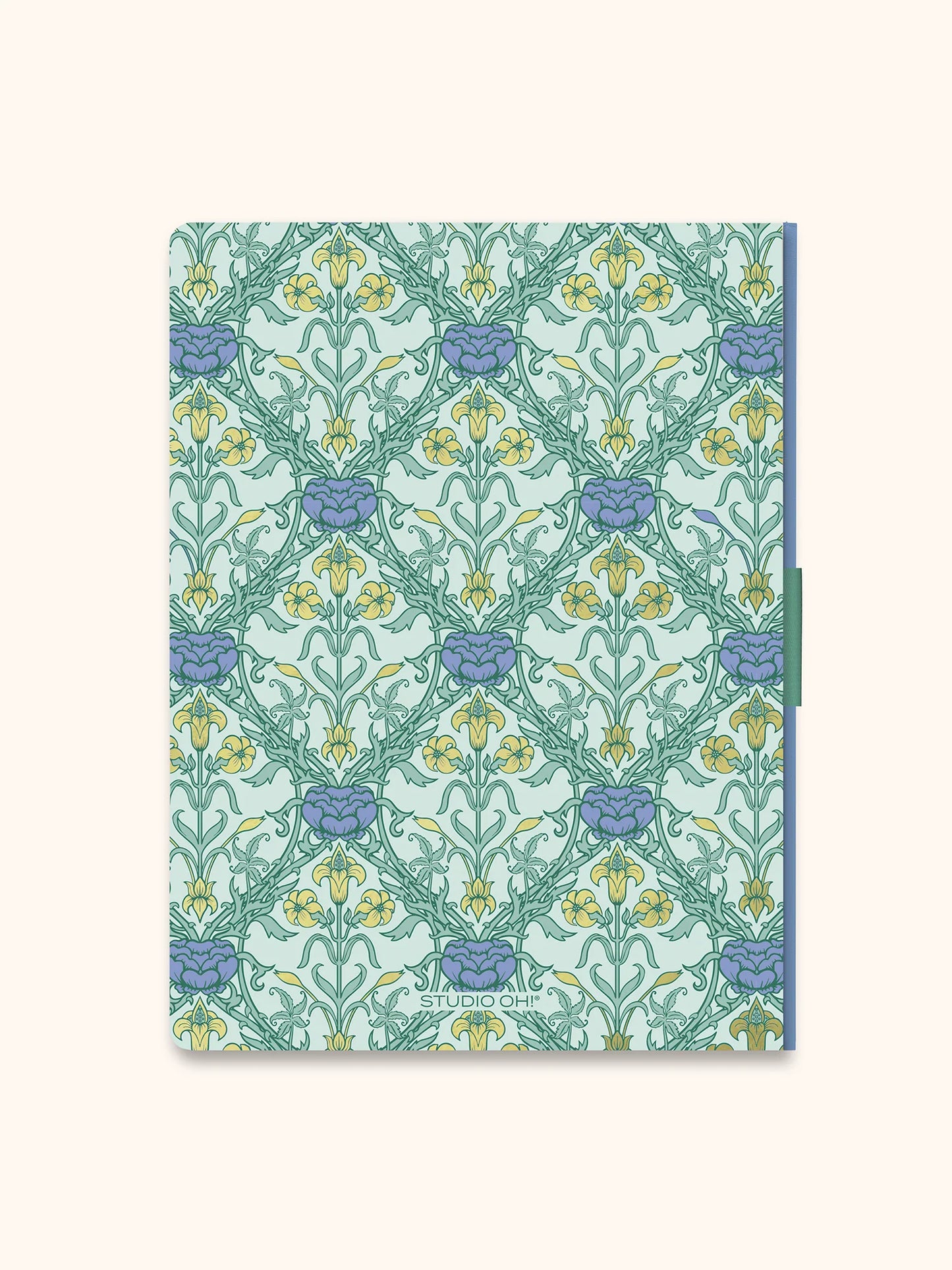 A hardcover notebook featuring a classic William Morris-style floral pattern in mint green, lavender, and yellow. The cover has a small 'STUDIO 452' printed at the bottom center.
