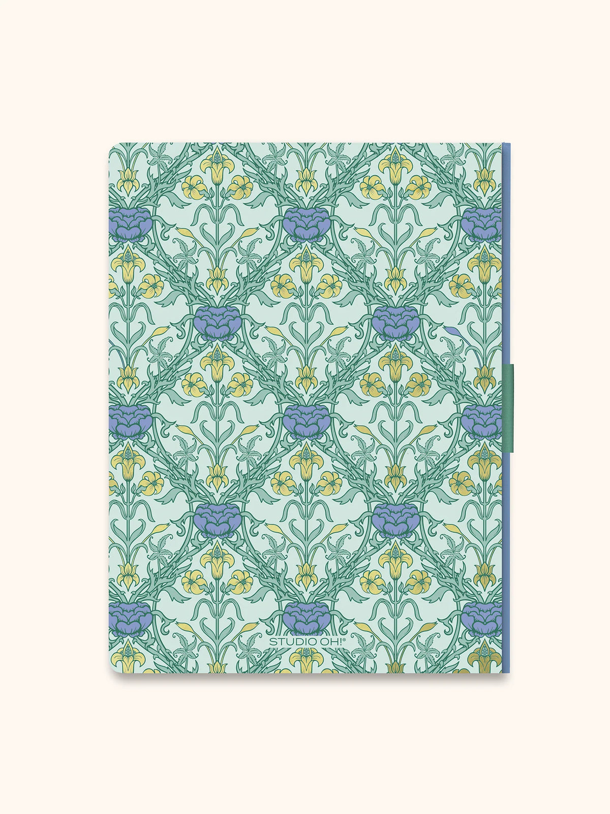 A hardcover notebook featuring a classic William Morris-style floral pattern in mint green, lavender, and yellow. The cover has a small 'STUDIO 452' printed at the bottom center.