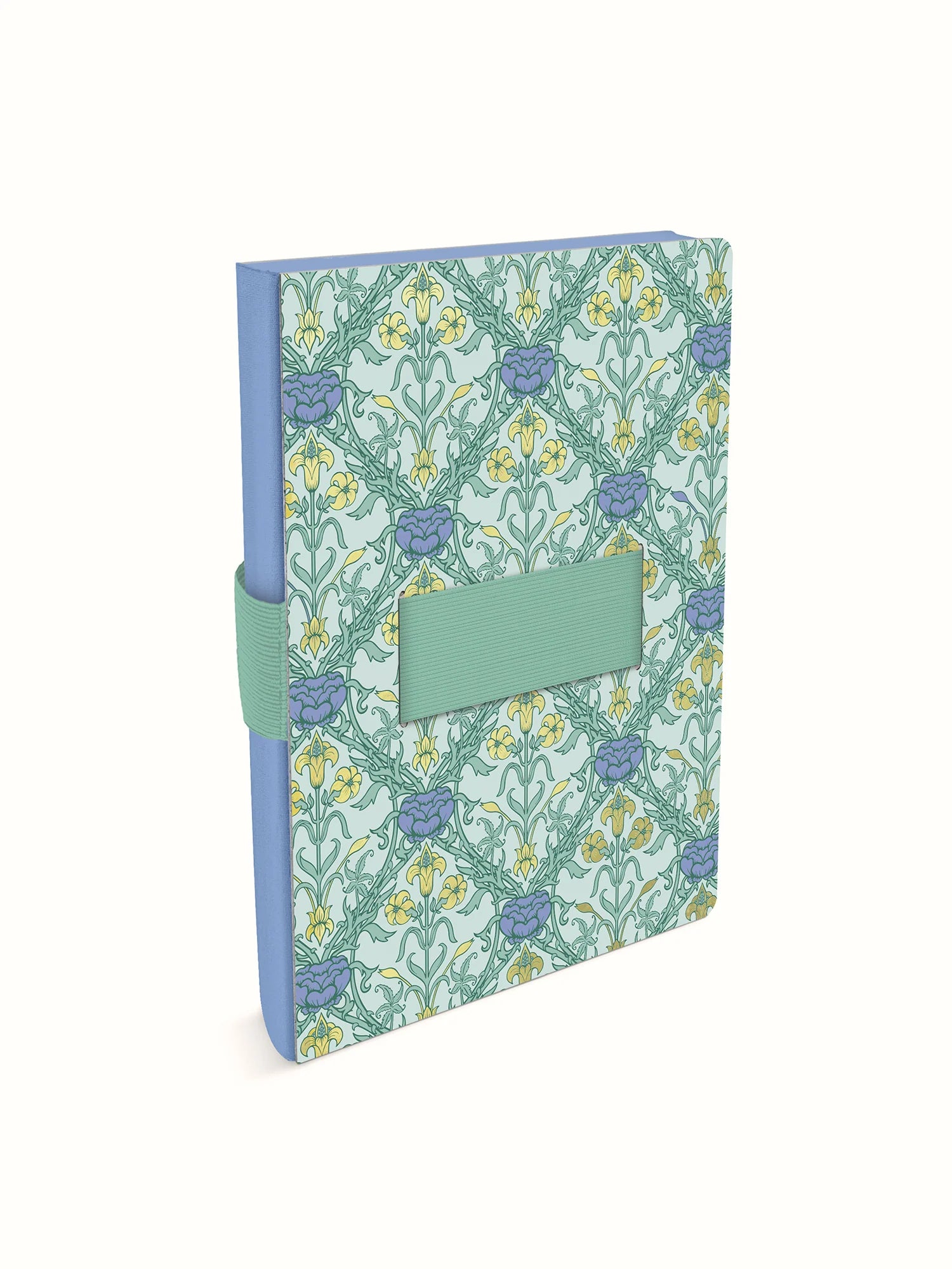 A hardcover notebook featuring a floral pattern in sage green, light blue, and yellow, with a matching sage green elastic closure band and a blank green label on the front.