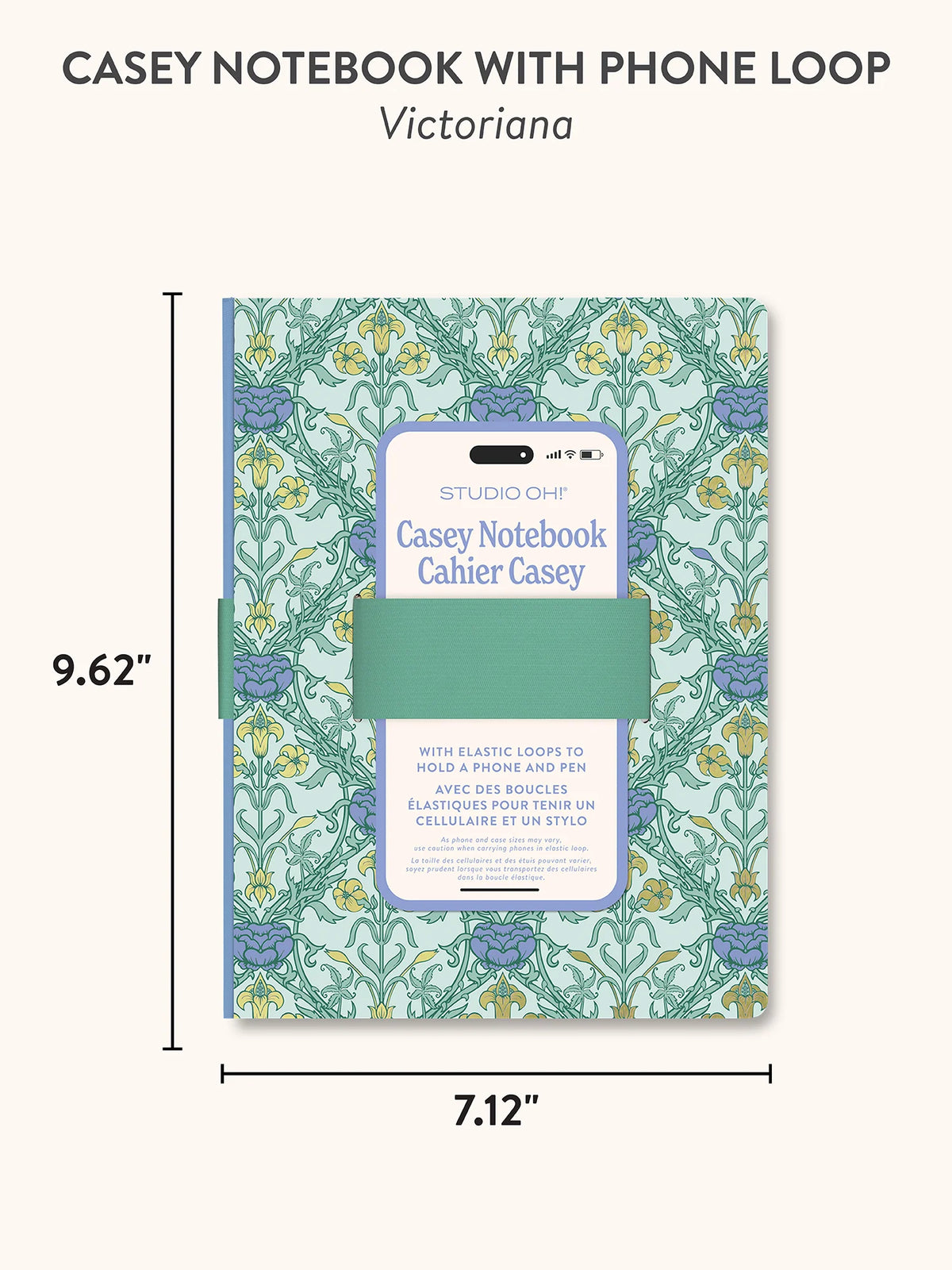 A Casey Notebook with a phone loop in the Victoriana pattern, shown with dimension lines indicating 9.62 inches tall by 7.