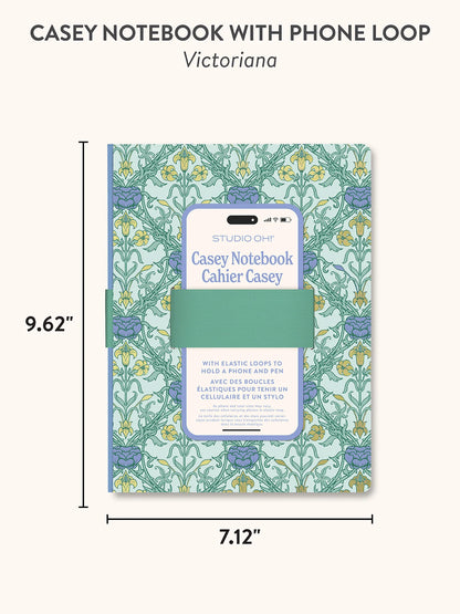 A Casey Notebook with a phone loop in the Victoriana pattern, shown with dimension lines indicating 9.62 inches tall by 7.