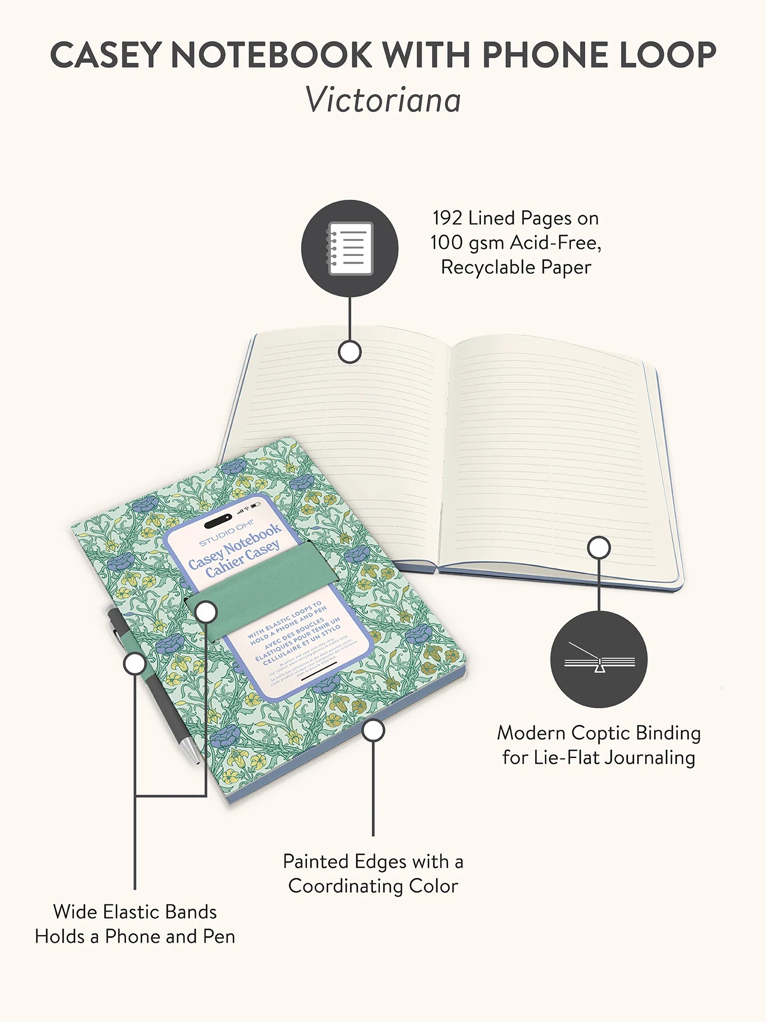 Casey Notebook with phone loop on a white background