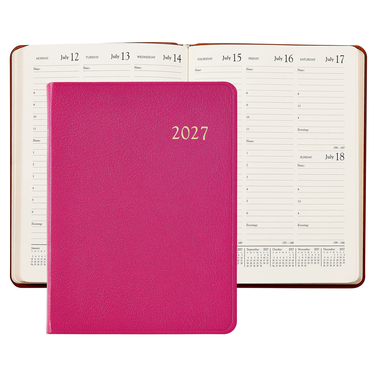 A 2027 daily planner shown open with cream-colored pages behind a closed bright pink textured cover in front. The cover features the year '2027' in gold foil.