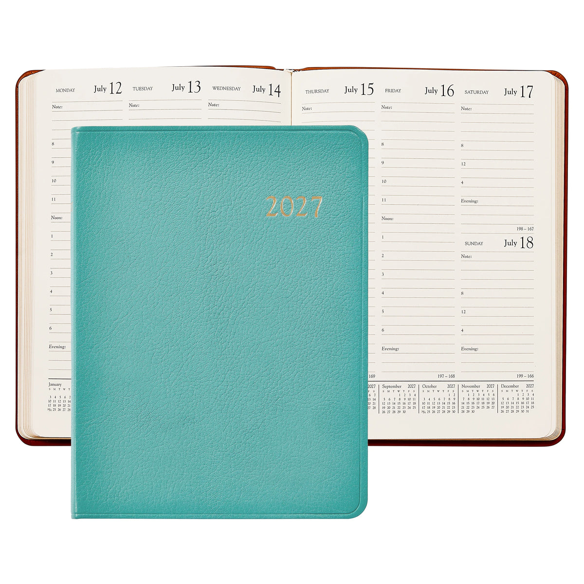 A 2027 daily planner with a textured blue cover and gold foil '2027' lettering, shown in front of an open view of the same planner displaying its daily and weekly layouts.
