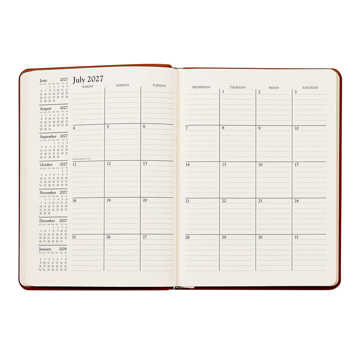 An open hardcover planner or journal showing a weekly calendar layout for July 2027, with lined daily writing pages and printed monthly calendars on the left side, photographed on a plain white background.