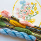 Embroidery floss with needlepoint floral design in the background