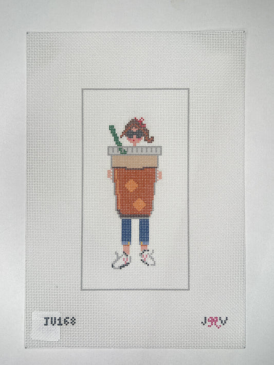 Cross-stitched design of a person with a suitcase on fabric with a grid pattern.