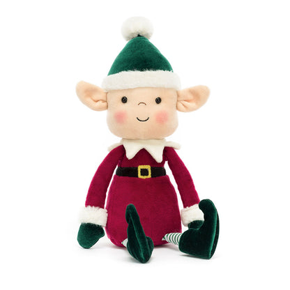 Plush toy elf with green hat and shoes on a white background