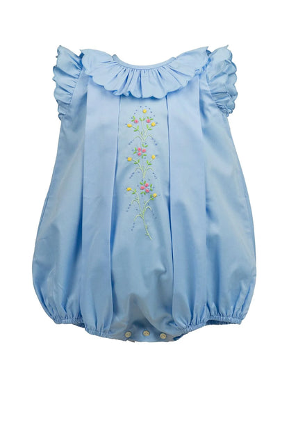 Light blue baby romper with ruffled collar and floral embroidery on a white background