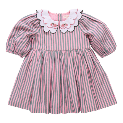 Pink and green striped dress with a decorative collar on a white background