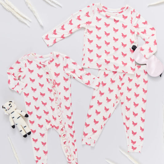 Kids Bamboo PJ Set- Pink Chickens