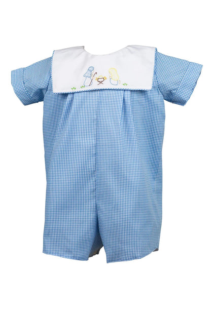 Blue checkered romper with embroidered details on a white background