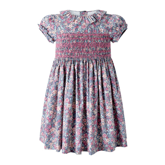 Grey & Pink Floral Smocked Dress