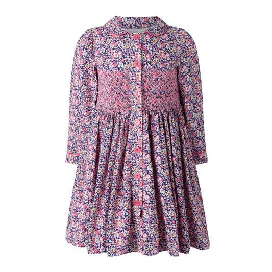 Floral Smocked Button Dress - Navy/Pink