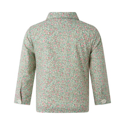 A green short overshirt with a floral pattern, featuring long sleeves and a collar.