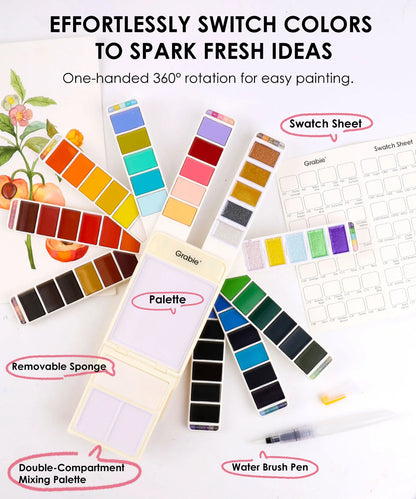 Set of paint palettes and tools with labeled components on a white background
