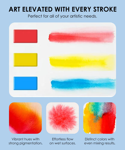 Color swatches and text on a blue background, showcasing art supplies with vibrant hues and smooth flow.