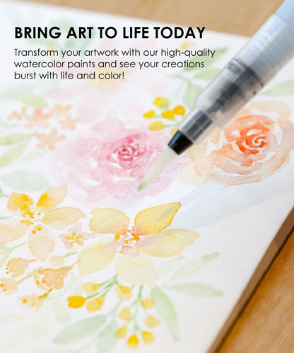 Watercolor painting of flowers with a brush and text promoting high-quality watercolor paints.