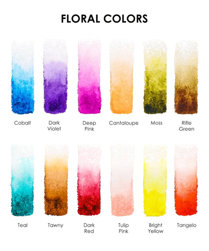 Color swatches labeled with floral color names on a white background
