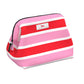 Pink and red striped pouch with a visible brand logo on a white background