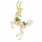 Decorative reindeer figurine with gold antlers and holly decorations on a white background