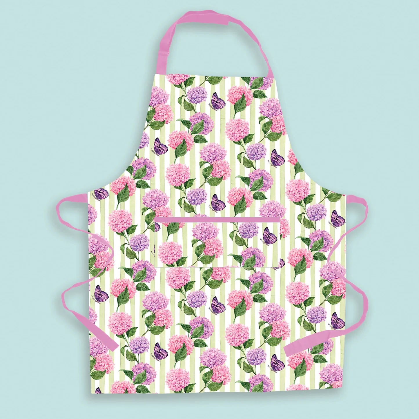 Floral apron with pink flowers and green leaves on a light blue background